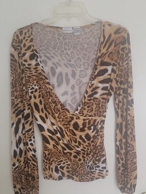 Newport News Leopard Print Long Sleeve Wrap Top in Tan, Brown, Black